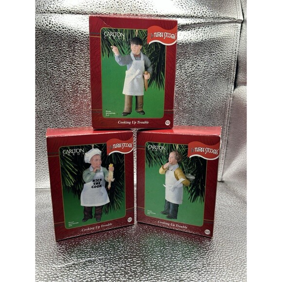 Lot 3 Carlton Cards The Three Stooges Cooking Up Trouble Moe Curly Larry Ornamen - Picture 1 of 14
